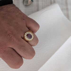 Men's Gold-Tone Ring with Red Center Stone and Clear Accents